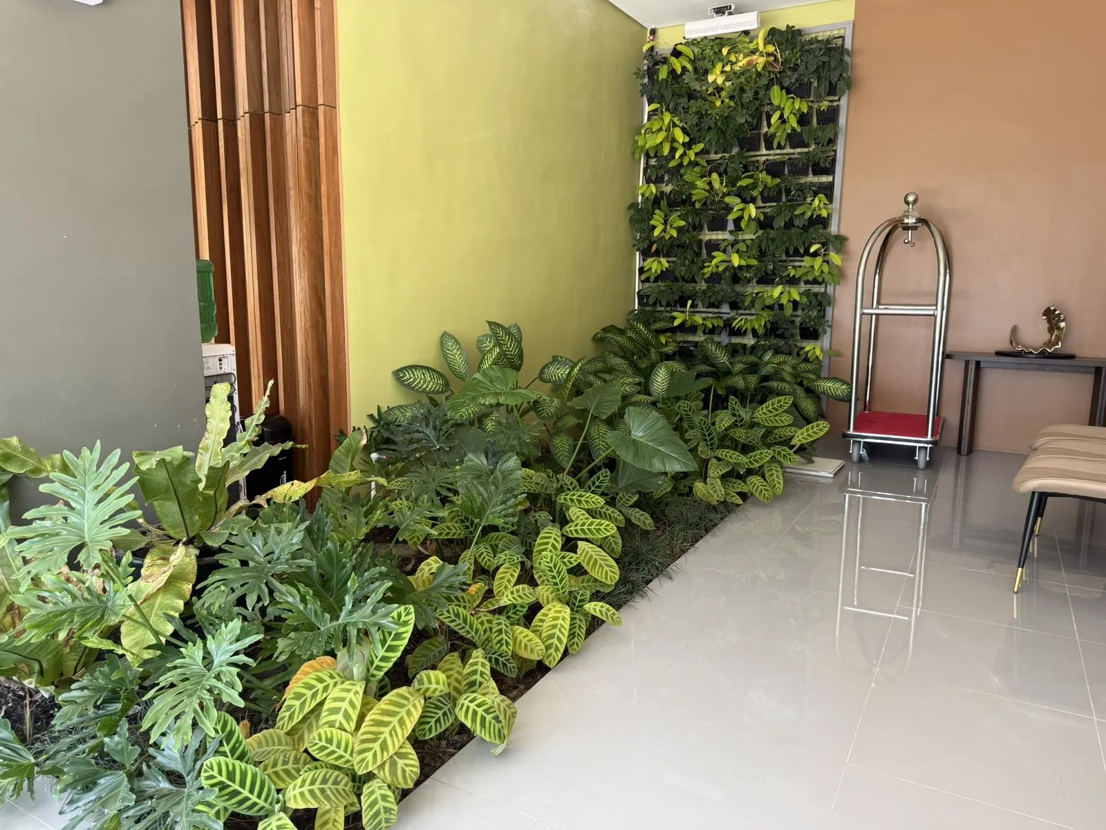 Dense tropical foliage and a living green wall at a corporate lobby porte-cochere