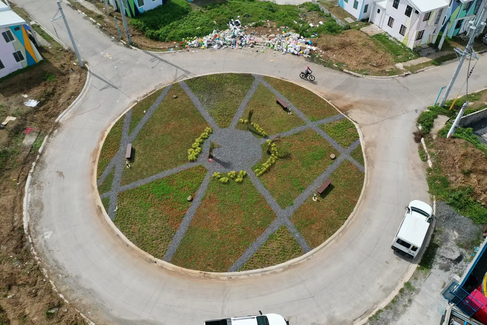 Aerial view of a completed community roundabout garden, a Raemulan Lands development